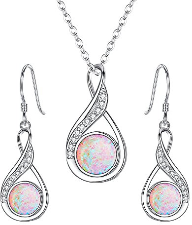 Clearine 925 Sterling Silver Necklace Eaarings Set Simulated Opal Pink Jewellery Wedding/Anniversary/Christmas/Mothers Day/Valentines Day Gift for Women