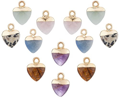 NBEADS 12 Stück Natürliche Edelstein Anhänger, 6 Stile Edelstein Stein Charms Herz Gemischte Steinanhänger Mit Licht Golden Eisen Schlaufen für Schmuckherstellung