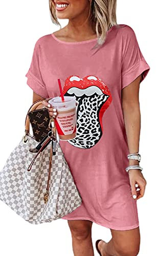 Maavoki Femme Mini Robes T-Shirt à Manches Courtes pour, Robe Chemise Oversize à Col Rond, Débardeurs Robe Décontractée, Rose, L