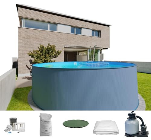 Planet Pool Stahlwandpool Set (6-teilig) rund 400 x 120 cm, Stahl 0,4 mm anthrazit Folie 0,4 mm blau