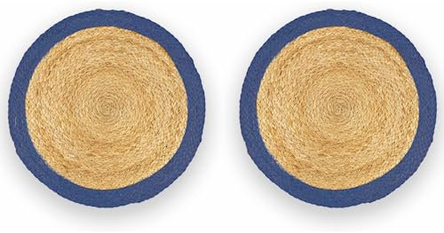 2 pz Tovaglietta Americana Rotonda in Juta, 2x Sottopiatto Tondo in Vimini Intrecciato Ø38 cm con Bordo Colorato Blu