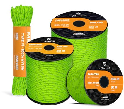 Abma Cord Paracord 550 4mm 15M 100% Nylon Seil Typ III Schnur mit 7 Kern für Basteln, Camping, Survival, Outdoor - Max. 250kg (550lbs) - Reflektierend Neon Grün