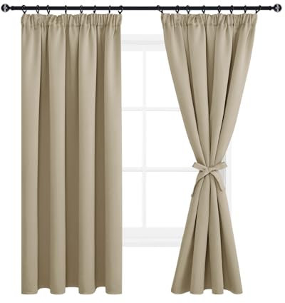 DWCN Vorhänge Wohnzimmer Blickdicht Kräuselband mit Vorhang-Krawatten, 2er Set H 175 x B 140 cm Verdunkelungsgardinen Wärmeisolierend Thermovorhang für Schlafzimmer, Taupe