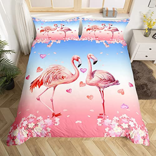 Homewish Rosa Flamingo Bettwäsche Set für Mädchen Flamingo Bettbezug 135x200, Rosa Kirschblüte Bettbezug für Frauen Romantische Thema Bettwäsche, Niedliche Tier Flamingo Dekor Bettbezug