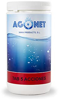 Cloro Pastillas 5 acciones | Mantenimiento de Piscina | Tratamiento Multiacción (Desinfectante, alguicida, bactericida, floculante y estabilizante) | Formato 1 kg | Fabricado en España