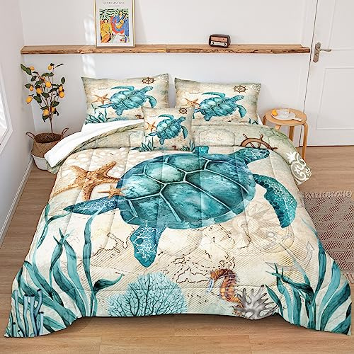 Merryword Schildkröten-Bettwäsche-Set, Ozean-Thema, Blaugrün, Schildkrötenmuster, Stranddecke, weiche Mikrofaser, Queen-Size-Bett, 4-teiliges Bettwäsche-Set (Queen, Schildkröte)