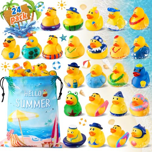 24 Pcs Summer Rubber Ducks for Cruise Ship with Bag, Jeep Ducking Gifts