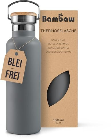Bambaw Trinkflasche Thermo 1l, Thermosflasche Grau, Edelstahl Trinkflasche, Wasserflasche 1l, Trinkflasche Wandern, Metallflasche 1l – Anthrazit