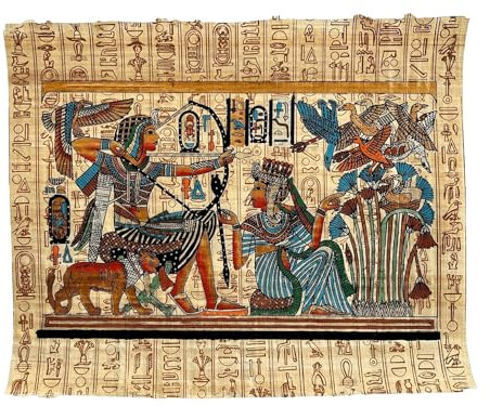 King Tut und seine Frau & Halbschwester Ankhesenamun Jagd Vögel im Papyrus-Garten - Handgemaltes Papyrus-Gemälde für Zuhause und Büro Kunst - ungerahmt - Rahmenbar - 43,2 x 33 cm