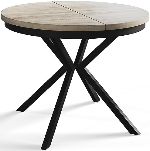 AlpiMeble Runder Esszimmertisch BERGO, ausziehbarer Tisch Durchmesser: 120 cm/200 cm, Wohnzimmertisch Farbe: Beige, mit Metallbeinen in Farbe Schwarz