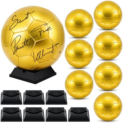 Hiboom Lot de 4 ballons de football dorés avec support de présentation et pompe à air pour trophées, anniversaire, lycée, coaching, cadeau, fête de championnat (4 pièces, taille 5)