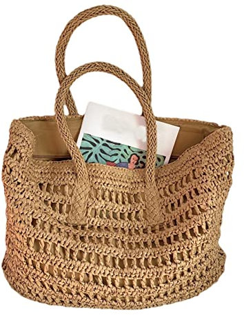 Leichte Strohtasche – handgewebte Strohtasche im Vintage-Stil – große handgefertigte gewebte Umhängetasche für Damen und Mädchen, dunkelbraun, Refer to description