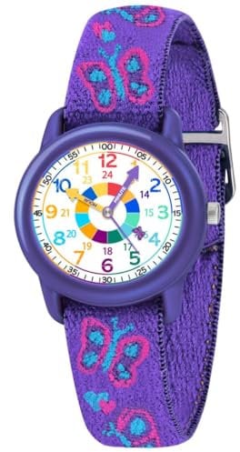 Timever Kinder Armbanduhr Mädchen Jungen mit Elastisches Stoff Armband,analoge Kinderuhr zum Lernen,Schmetterling Dinosaurier Floralen Motiven PurpleButterfly