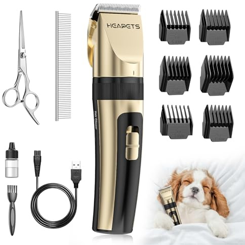 HEAPETS Dog Grooming Clippers, Low Noise, Electric Quiet, Adjustable Clipper Comb, Rechargeable Cordless Dog Hair Clippers for Dogs Cats Pets, Gold