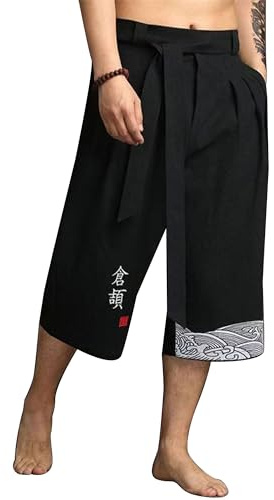 YAOBAOLE Pantalon Court Japonais Homme Bermuda Long pour Hommes Short Ete en Lin Masculin Pantacourt Taille Elastique Noir 2XL