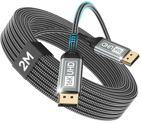 Nersligek DisplayPort Cable 2.1 2M-DP Cable Soporta 16K@60Hz, 10K@60Hz, 8K@120Hz, 4K@240Hz/165Hz/144Hz, 2K@360Hz/240Hz, 80Gbps, HDR, DSC1.2a, FreeSync, G-Sync para Monitor Gaming, Tarjeta Gráfica, PC