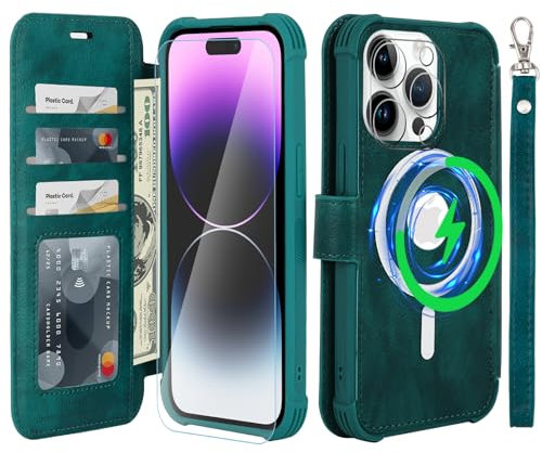 VANAVAGY Wallet Case Compatible for iPhone 14 Pro Max for Magsafe Wireless Charging,Leather Flip Wrist [Glass Screen Protectors]with RFID Blocking Card Holder,Midnight Green
