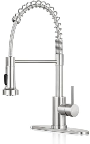 KHQF Kitchen Faucet with Pull Down Sprayer,Commercial Single Handle Stainless Steel Kitchen Faucets with Deck Plate (Brush Nickel)