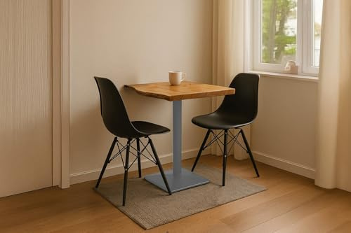 SAM Bistrotisch Iris 70x70 cm, Akazie natur, Stempelfuß Silber | Baumkantentisch massiv, Akazienholz naturfarben, echte Baumkante, Säulentisch/Esstisch aus Eisen