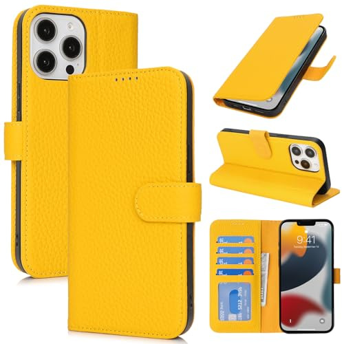 Zouzt Leather Wallet Case for iPhone 13 Pro, 4 Card Slot, Yellow | Genuine Leather, Card Holder, Shockproof TPU Shell, Magnetic Closure, Protective Flip Folio Phone Cover, For Women Men