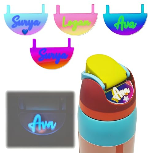 SUNUCO Personalized Glow Name Plate Topper Compatible with Owala Water Bottle 24oz 32oz 40oz Glow in The Dark Name Tags for Drinking Cup Lid, Acrylic Multi-Color Shifting Effect