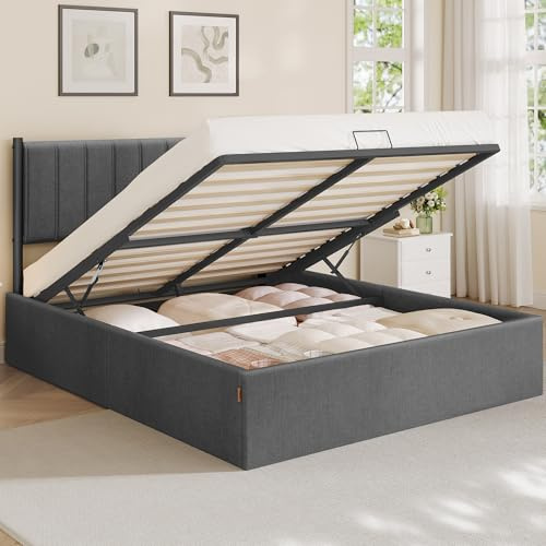 VASAGLE King Bed Frame, 150 x 200 cm, Ottoman Bed with Lift-Up Storage, Hydraulic Lift, Modern Minimalist, Easy Assembly, Slate Grey RMB617GN01
