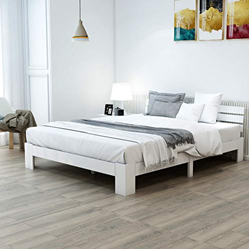 LINKHOO Holzbett Doppelbett aus Bettgestell mit Kopfteil mit Lattenrost, Massivholz Massiv Doppelbett als Kieferbett verwendbar, 200 x 140 cm, Weiß