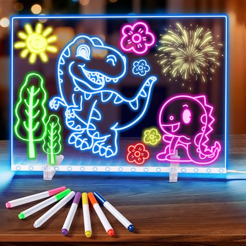 Tablette Lumineuse Dessin pour Enfants, Tableau Lumineux Message LED 7 Modes de Couleur, Tableau Acrylique Effaçable Transparent avec Support Réglable pour Garçons, Filles (35 x 25 cm)