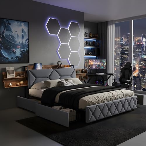 QLTXYHML Lit 140x200, Lit Double avec Ports USB/Type-C, 4 Tiroirs, Tête de lit avec Étagère et Rangement caché, Sommier à Lattes et Cadre de lit en métal, Style Industriel, Gaming (Gris, 140x200 cm)