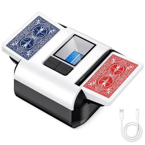 OUFUYU Automatischer Kartenmischer mit Dual-Modi Wiederaufladbarer Weiß | USB-C Tragbares Leises und Schnelles Mischgerät 1-2 Deck für Poker Rommé Texas Hold'em Bridge, Spieleabende, Reisen, Camping