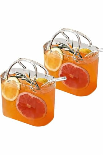 PEXIOAN Handtaschen-Trinkglas, einzigartiges Weinglas mit Strohhalm, dekorative Fischglas-Vase, Handtaschen-Vase für niedliche Raumdekoration, für Fruchtsäfte, Tee und Blumen. (2 Set)