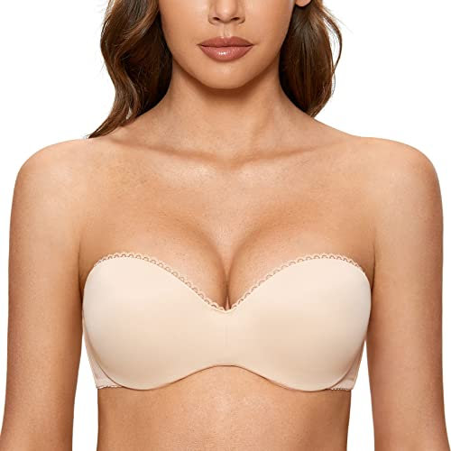 DOBREVA Damen Trägerloser BH Push Up mit Bügel Trägerlos Bandeau BHS Beige 85C