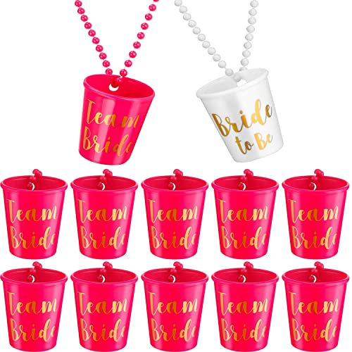 Shot Necklace,Bridal Shot Glass Necklace,Team Bride and Bride to Be Plastic Beaded,Necklace Shot Glasses,Pink and White with Gold Foil for Bachelorette Party Bridal Party Necklaces- 12 Pieces