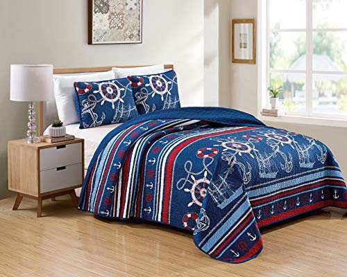 Kids Zone Home Linen Bedspread Set Navy Blue Red White Ships Rope Anchor Stripes New (Twin/Twin Extra Long)