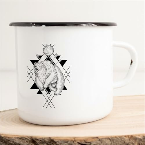 Huuraa Emaille Tasse Bär Bear Moon Mond Earth Erde Art 300ml | Geschenk Kaffeebecher Vintage Blech Campingtasse mit Schwarzem Rand Kaffeetasse Geschenkidee