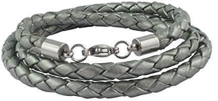 König Design Lederkette Lederband Leder-Armband 3 mm Herren Halskette Grau Metallisch 40 cm lang mit Karabinerverschluss geflochten