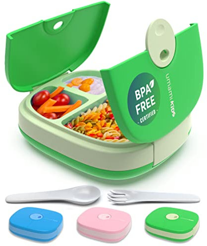 Umami Kids Lunch Box mit Besteck,auslaufsicher,langlebig,Bento-Stil,3 große Fächer,ideale Portionsgrößen für 3 bis 9 Jahre,Kita-Jungen und Mädchen,BPA-frei, mikrowellen- und spülmaschinenfest (grün)