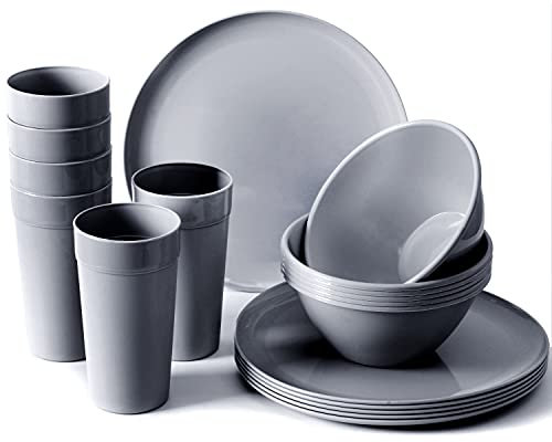 Youngever 18er Set Geschirr aus Kunststoff, Platten (25CM), Schalen (1000ML), Becher (600ML), Dienst für 6 (Dunkelgrau)