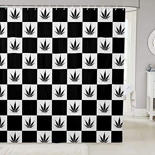Loussiesd Marihuanablatt Duschvorhang 180x180cm Cannabisblätter Dekostoff Duschvorhang Textil für Kinder Jungen Mädchen Geometrische Gitterblätter Wasserdichtes Zubehör mit 12 Haken Weiß Schwarz