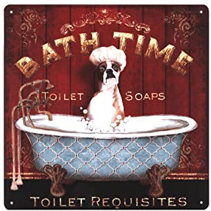 Blechschild Bath Time Hund in Badewanne 30 x 30 cm Geschenk-Idee aus Metall Vintage-Design zur Dekoration