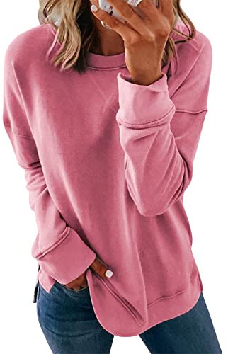 StarTreene Sweatshirt pour femme - Uni - Pull sans capuche - Manches longues - Col rond - Décontracté - Automne - Coton, Rose, 42