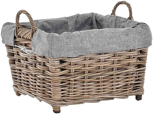 Rattan Kaminholzkorb Flechtkorb mit Inlett Holzkorb Kaminkorb stabil Korb für Holz (klein, Grau Natur)