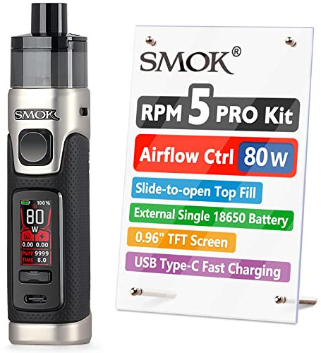 SMOK RPM5 PRO 80W E Cigarette Vape Starter Kit, 2ml Slide Top Pod, Airflow Control Ecig, Single Replaceable 18650 Battery(Not Included), USB Type-C, 2 RPM 3 Meshed Coils, No Nicotine - Black