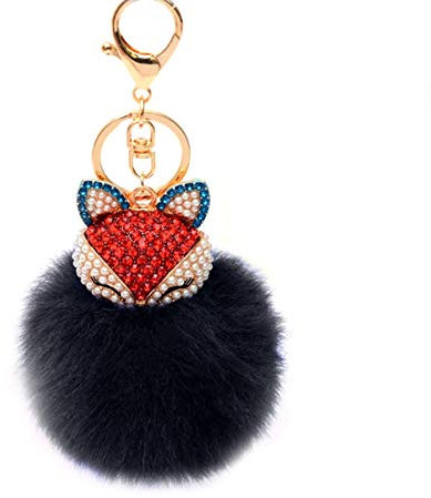 SOIMISS Porte Clé Pompon Porte-Clé Renard Boule Duveteuse e- Strass Renard e- Noir Pom Pom e- Pour Voiture e Clé Pompon