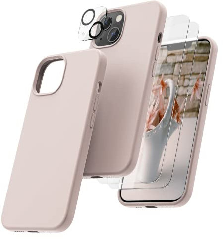 OIIAEE [5-in-1 for iPhone 13 Case 6.1,Liquid Silicone case with 2 Pack Screen Protector & 2 Pack Camera Protector, Ultra Slim Shockproof Soft Anti-Scratch Microfiber Lining—Chalk Pink