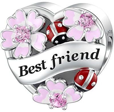 LANBEIDE Best Friend Charms, 925 Sterling Silver Love Heart European Beads Charms with Gold Ladybug Beetle Flower fit Pandora Bracelet Necklace Present for women