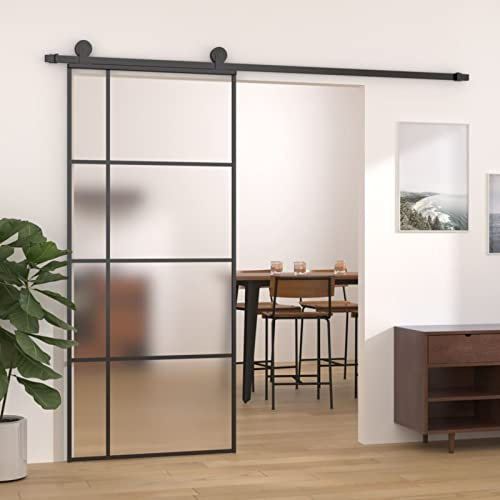 Festnight Porte coulissante Verre,Porte coulissante Interieur Verre,Porte coulissante en Verre Interieur avec Rail,vitre Verre coulissante 90 x 205 cm-1-Dépoli-Noir