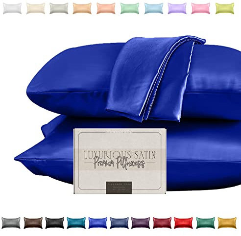 Elegant Comfort Silky and Luxurious 2-Piece Satin Pillowcase Set for Healthier Skin and Hair, Hidden Zipper Closure and Beautifully Packaged, Satin Pillowcase Set, Standard/Queen, Royal Blue