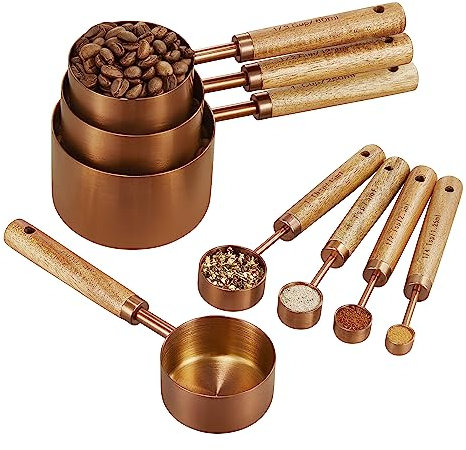 Copper Stainless Steel Measuring Cups and Spoons Set of 8, Wooden Handle with US Measurements, Metric Cups and Spoons for cooking and baking