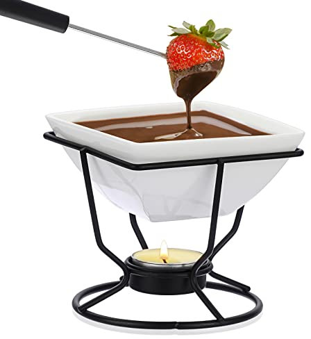 SUMNACON Keramike Schokofondue-Topf-Set mit 2 Gabeln Schoko Fondueset Käsefondue für Schokolade Käse Fondue Familienessen Nachtisch Picknicks Geburtstagsfeiern Urlaubsfeiern Weiss Quadrat